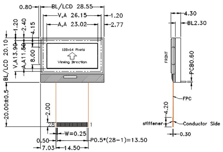 128×64 COG Dot Matrix LCD with ST7565R Driver, FSTN Positive Transflective, .png